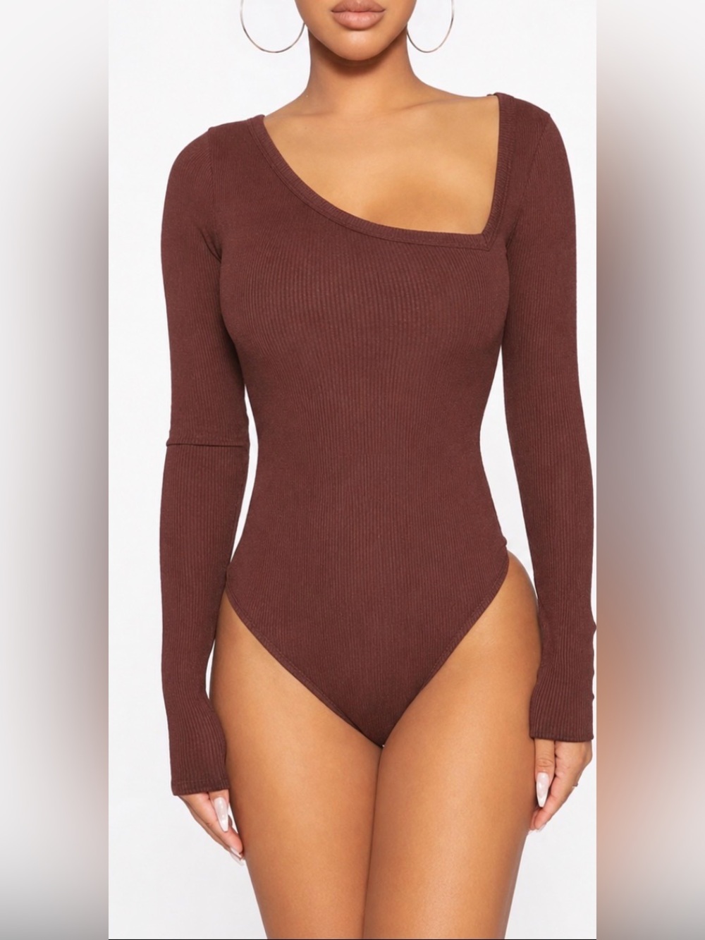 Naked Wardrobe Ribbed Asymmetrical Neck Bodysuit – Brown | Size Small | NWT